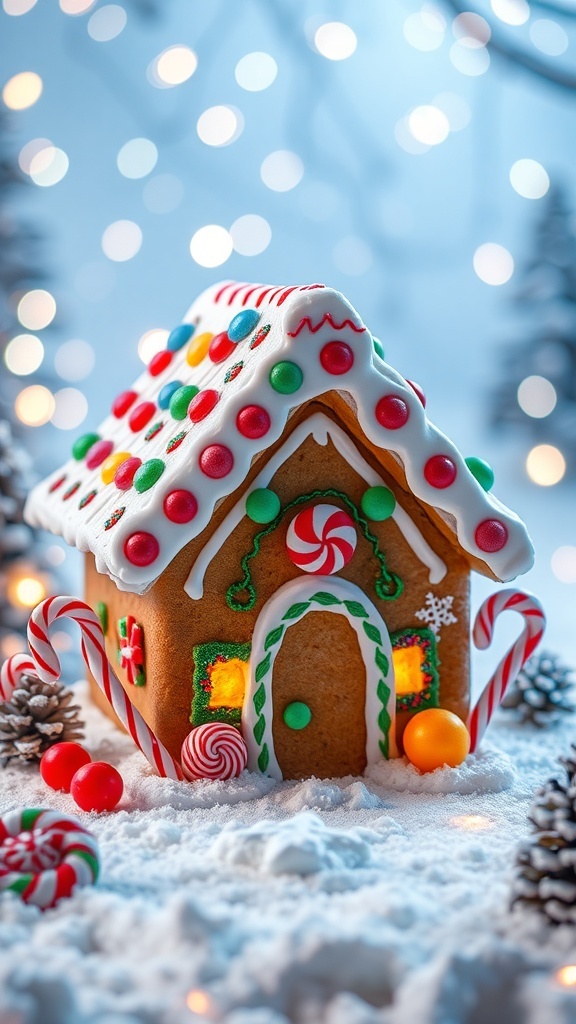 A gingerbread house decorated with icing and candies, surrounded by a snowy scene.